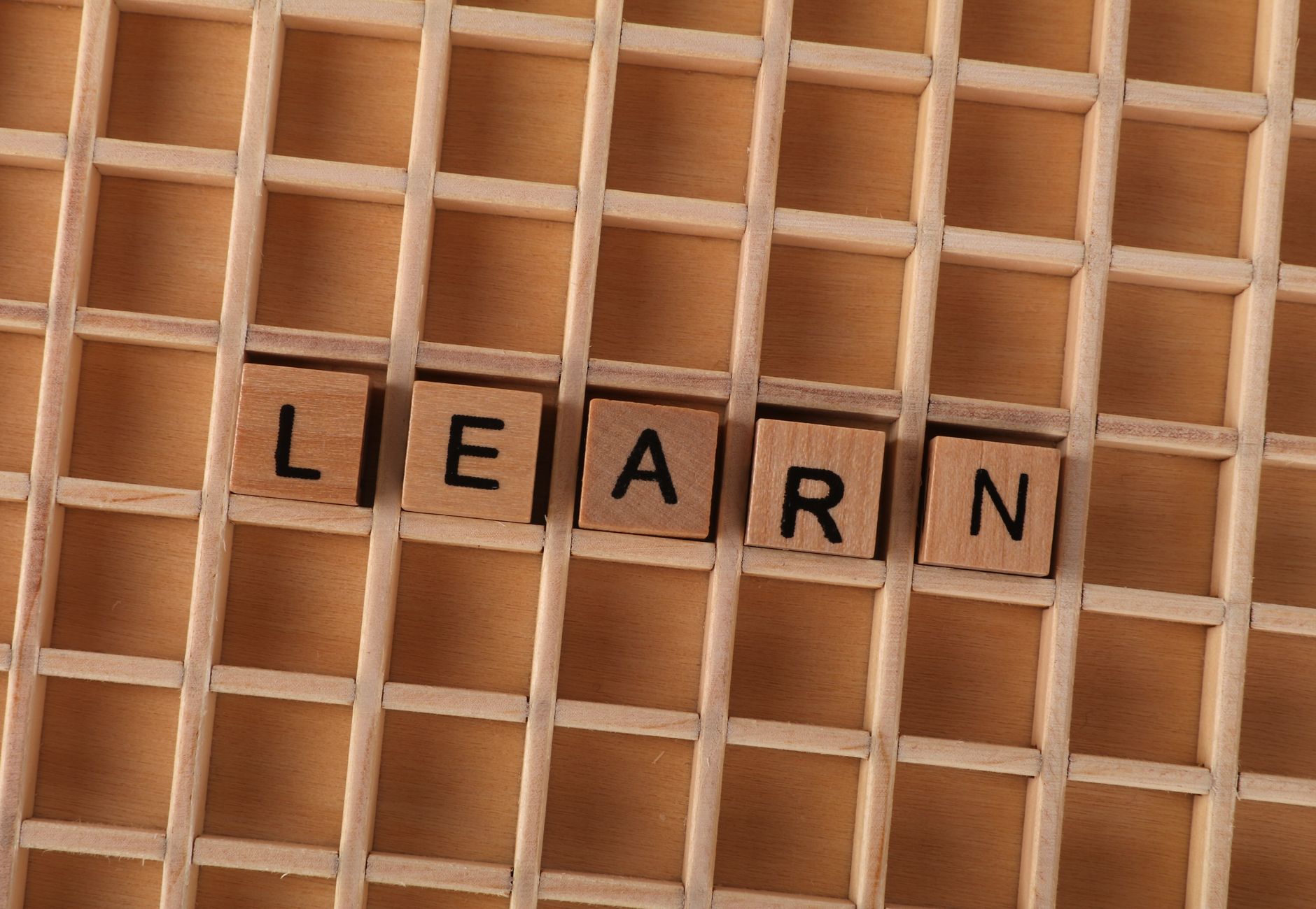 Wooden blocks spelling the word 'LEARN' on a grid-like wooden background. Educational concept.